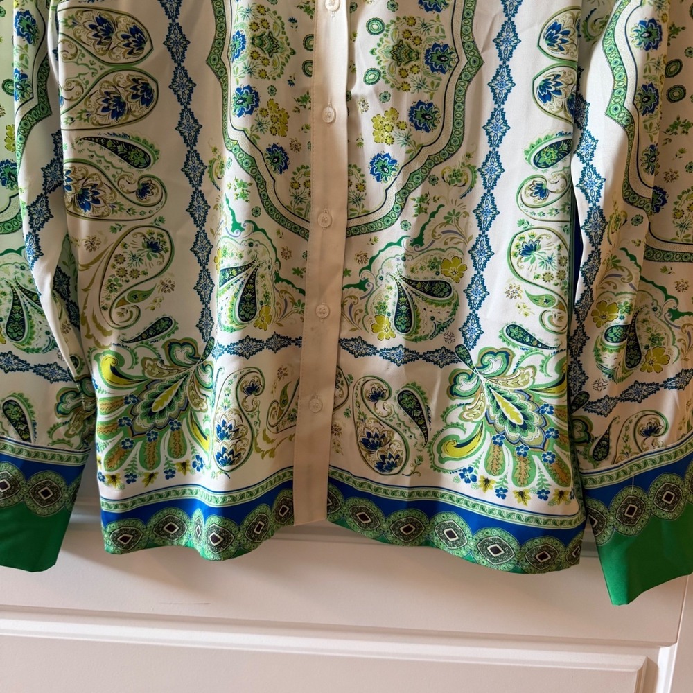 Rachel Zoe Green Paisley Button Down Shirt Scarf Print XS Boho Coastal Y2K‎ - Picture 5 of 10